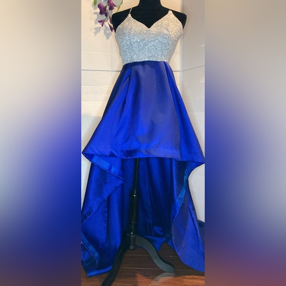 B.Darlin Dress Formal Prom Homecoming Blue & Silver High/Low Size 7/8 [bb] - Picture 1 of 8